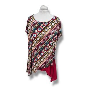 Cato Women’s Short Sleeve Asymmetric Stretch Pullover Tunic, Red, size 18/20